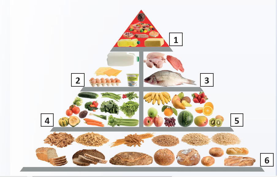 Look at the healthy eating pyramid below, match the words to their ...